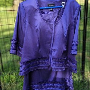 Ruffled purple satin skirt suit